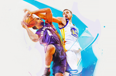 two guys playing basketball